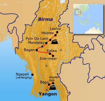 Route Birma/ Myanmar reis, 25 dagen
