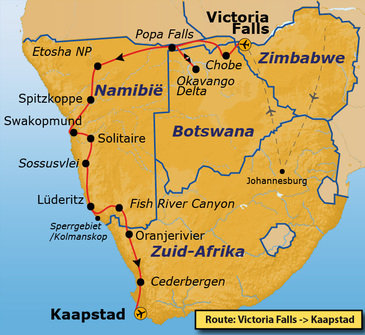 Route Vic Falls - Kaapstad