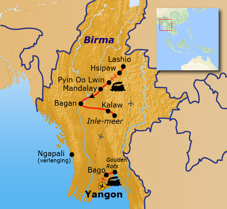 Route Birma/ Myanmar reis, 25 dagen