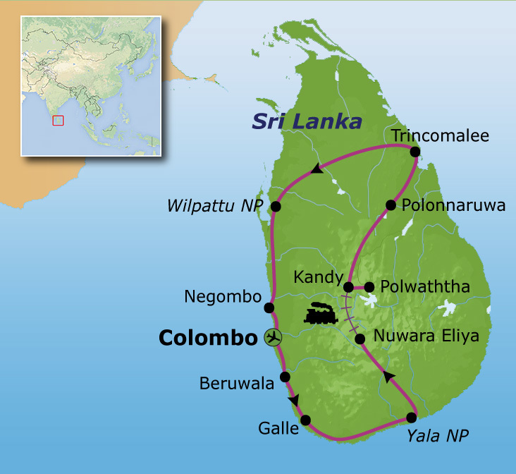 Route Sri Lanka reis, 20 dagen