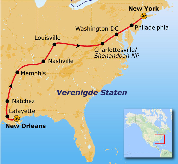 Route Verenigde Staten, het zuid en oosten, 18 dagen