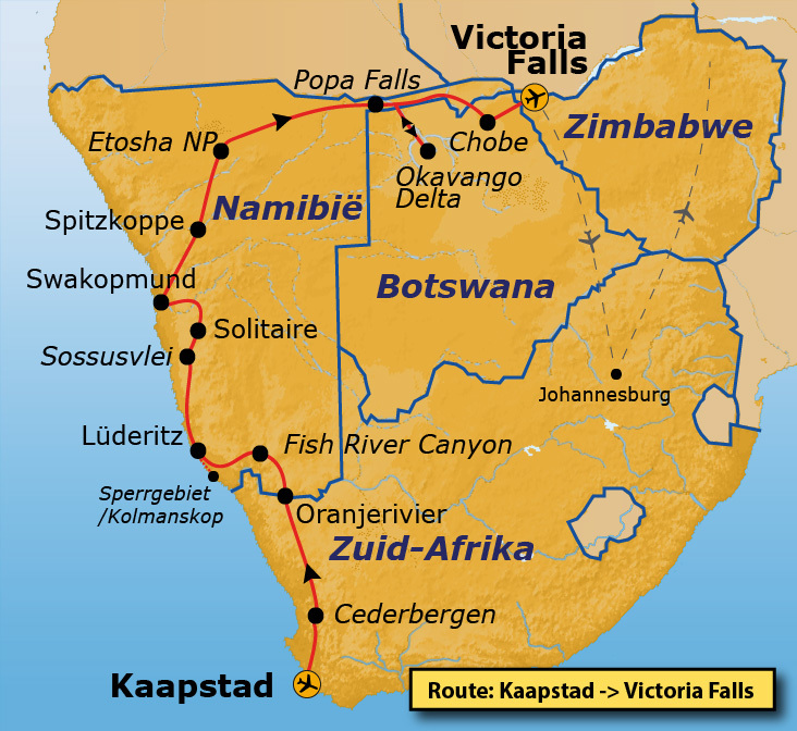 Route Kaapstad - Vic Falls