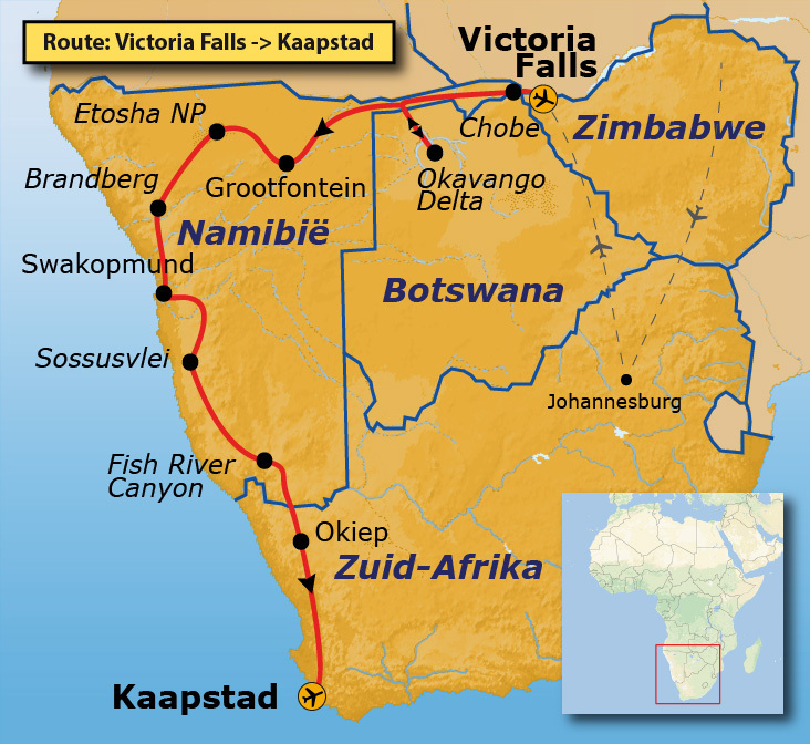 Route Vic Falls-Kaapstad