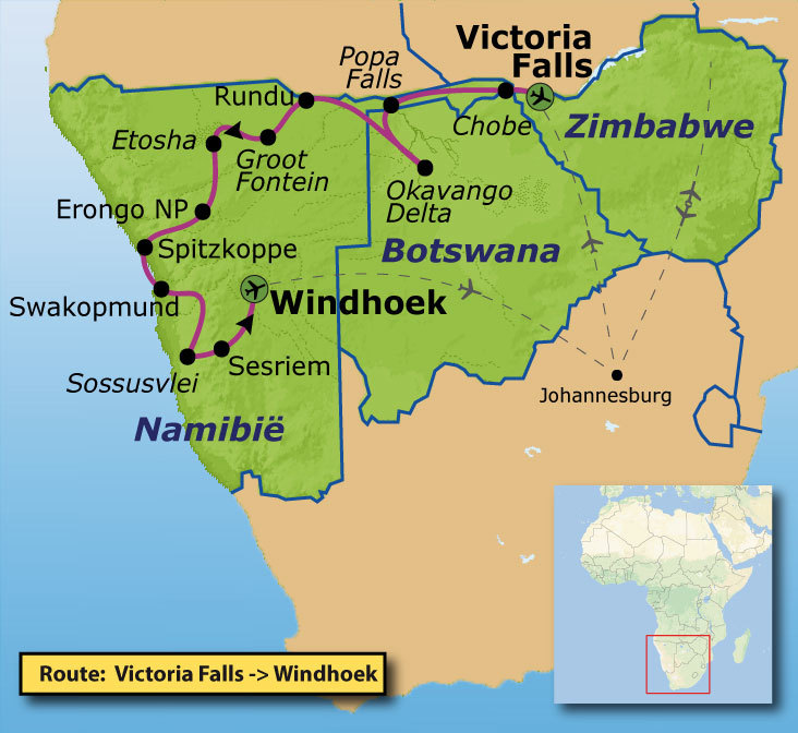 Route Victoria Falls - Windhoek, 22 dagen