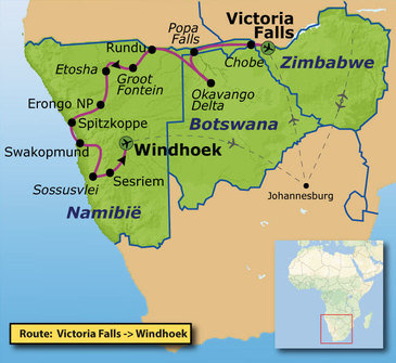 Route Victoria Falls - Windhoek, 22 dagen