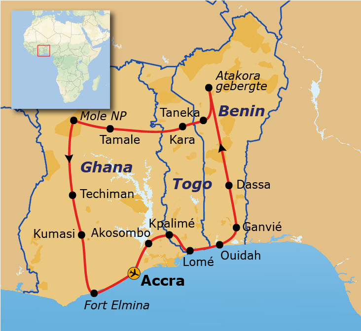 Reisroute Ghana, Togo en Benin