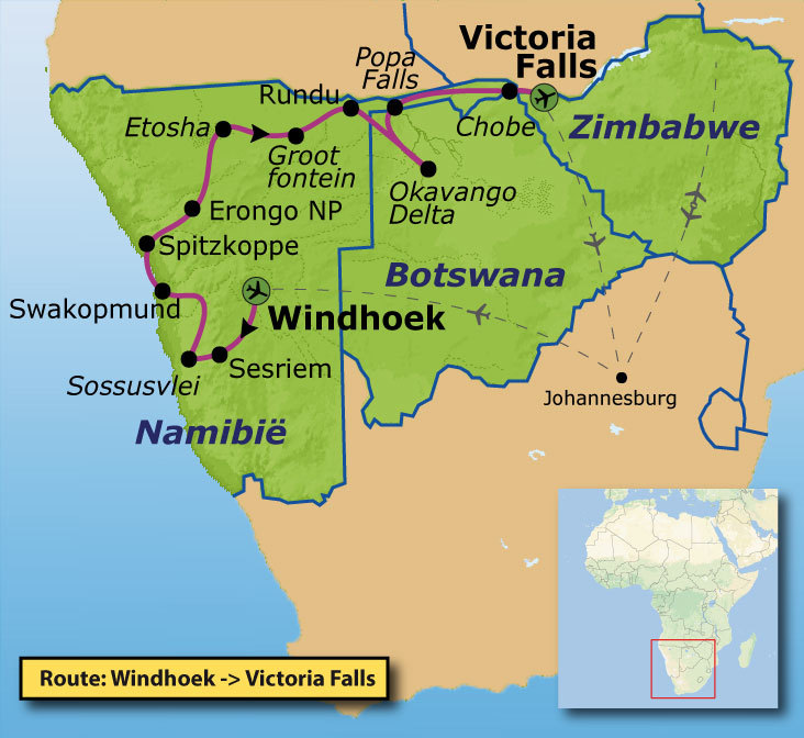 Route Windhoek - Victoria Falls, 22 dagen