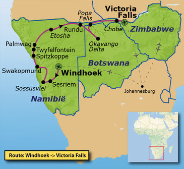 Route Windhoek - Victoria Falls, 22 dagen